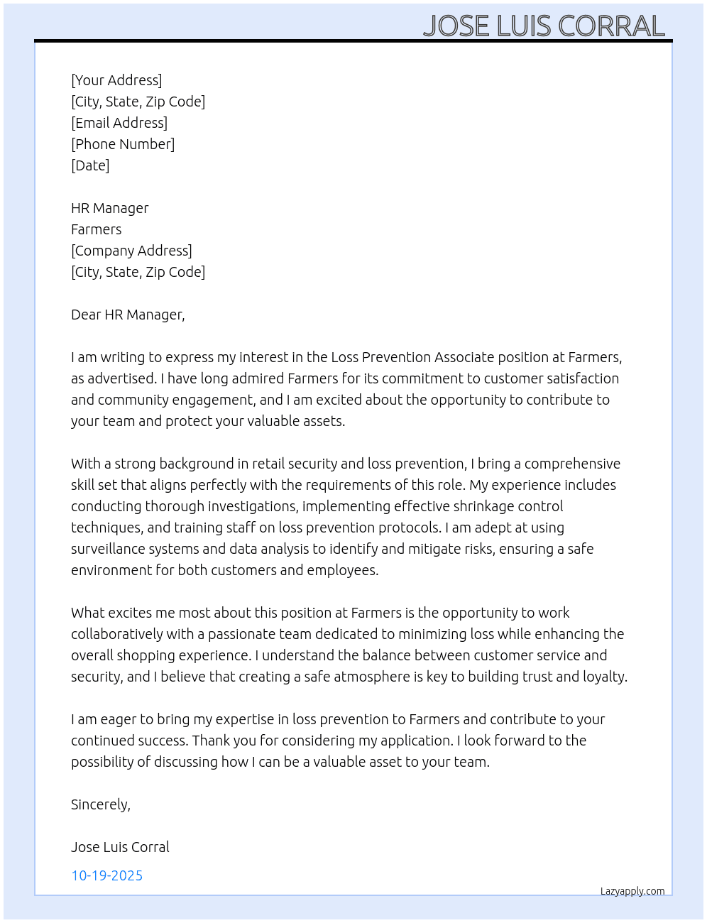 Loss Prevention Associate At Farmers Cover Letter