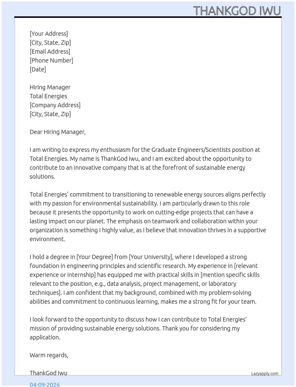 Graduate Engineers / Scientists At Total Energies Cover Letter
