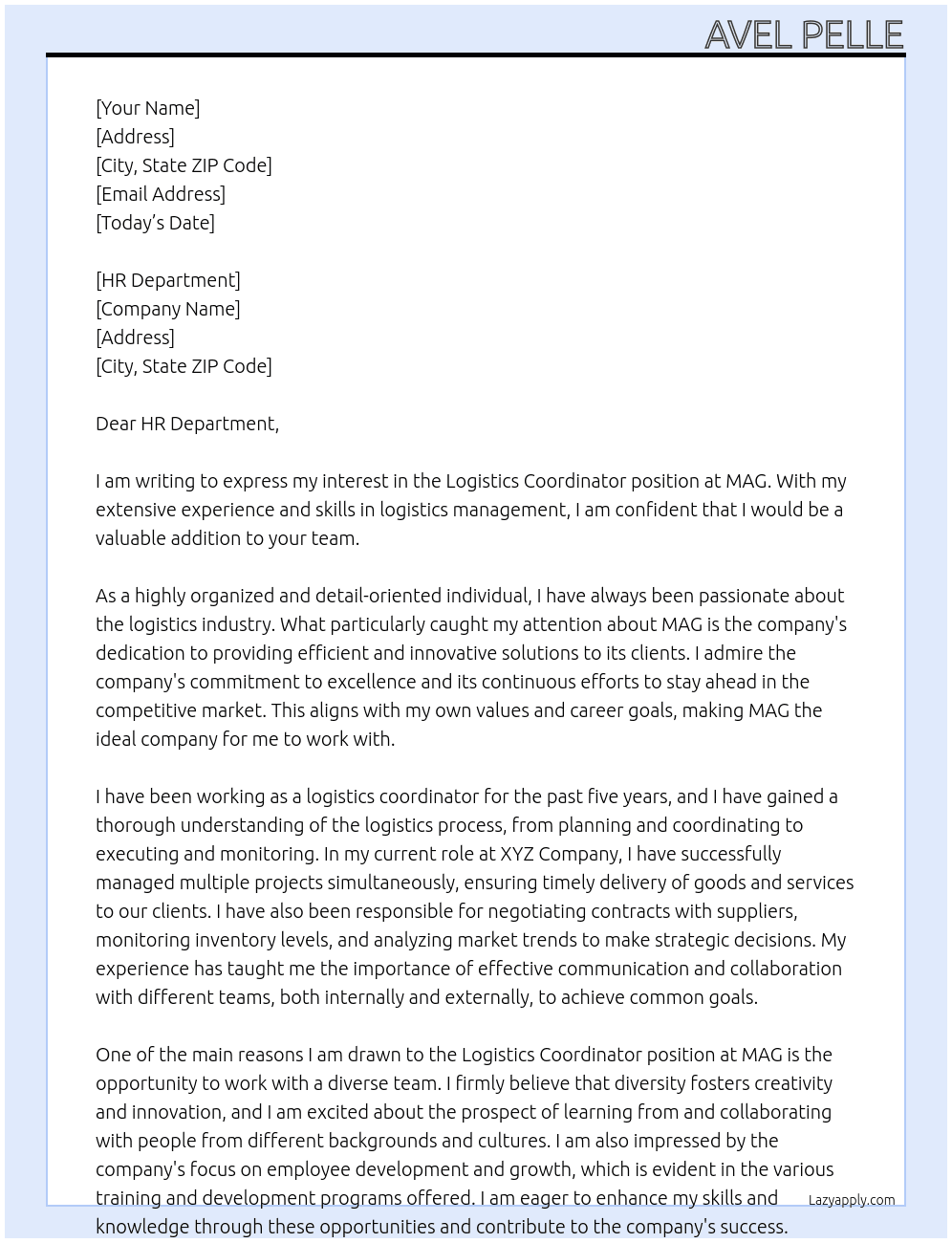 LOGISTICS COORDINATOR At MAG Cover Letter