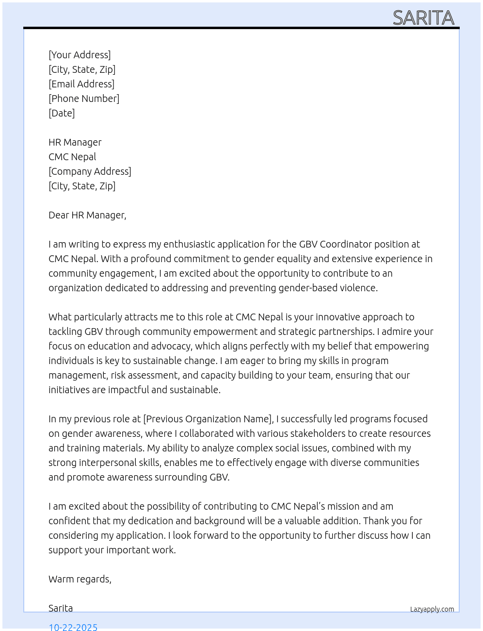 GBV coordinator At CMC NEpal  Cover Letter