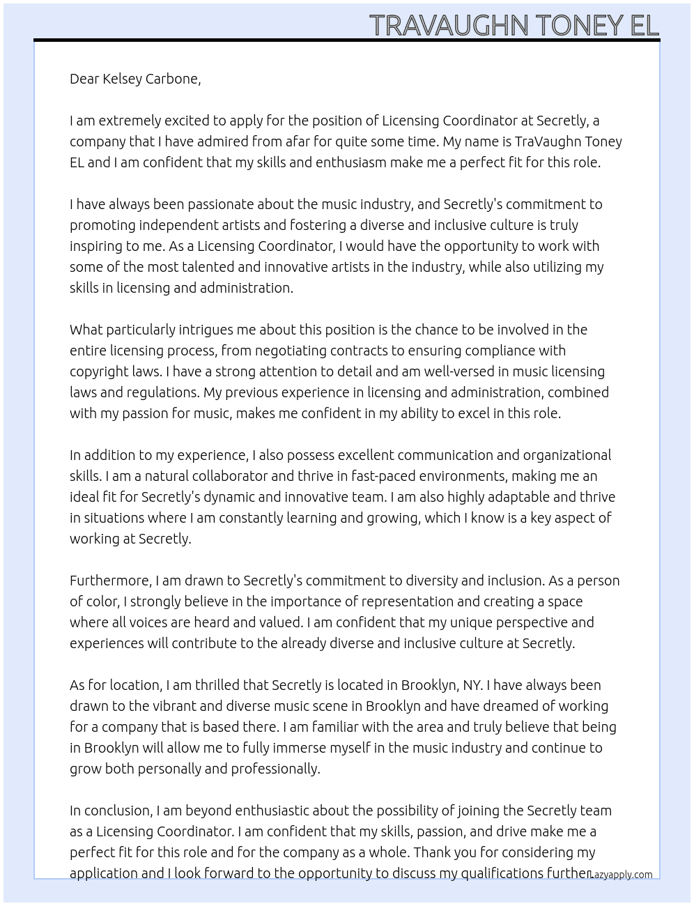 Cover letter for licensing coordinator - LazyApply