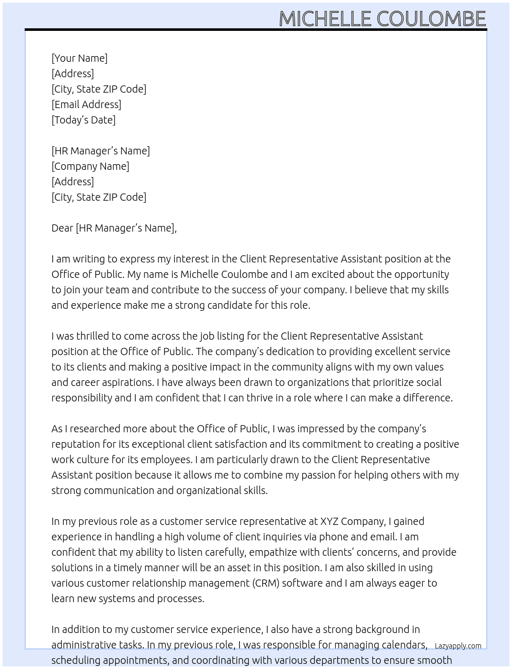 Cover letter for client representative assistant - LazyApply