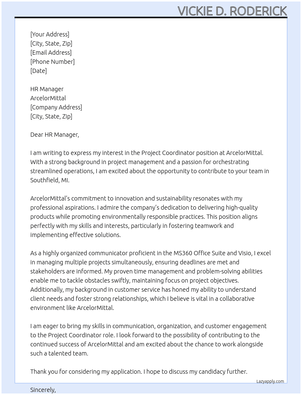 Project Coordinator At ArcelorMittal Cover Letter