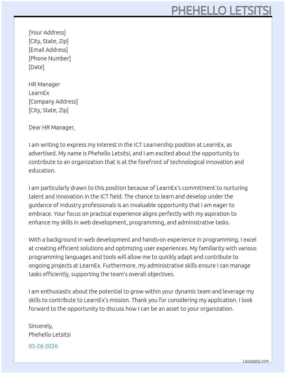 ICT LEARNERSHIP At LearnEx Cover Letter