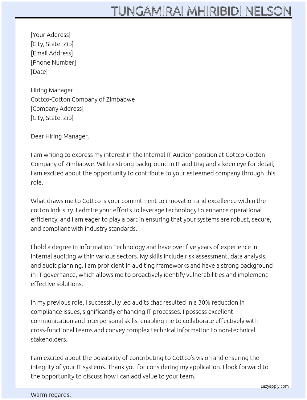 Internal IT Auditor At Cottco-Cotton Company of Zimbabwe Cover Letter