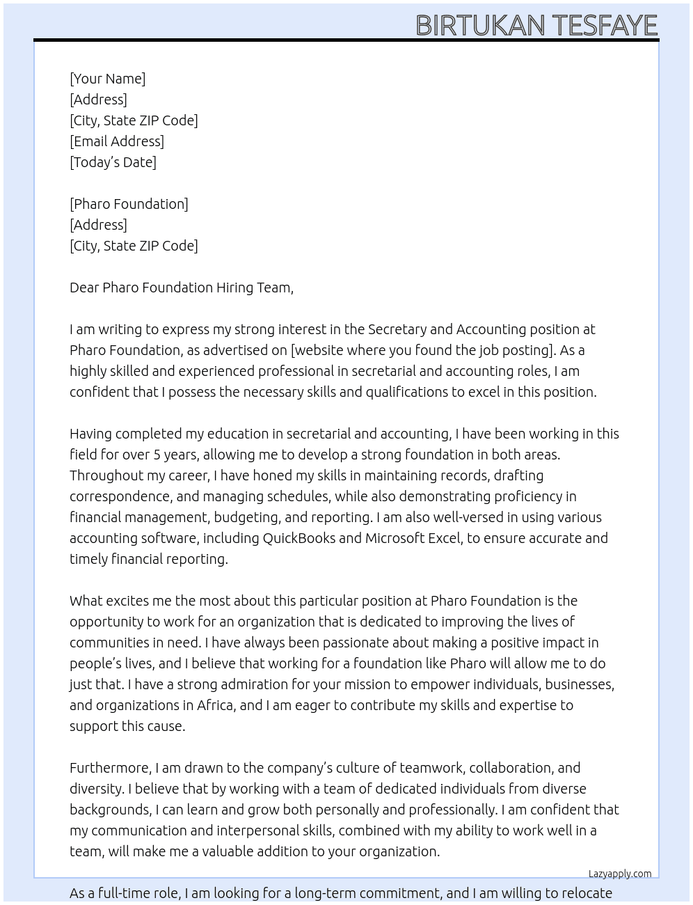 Secretary and accounting  At Pharo foundation  Cover Letter