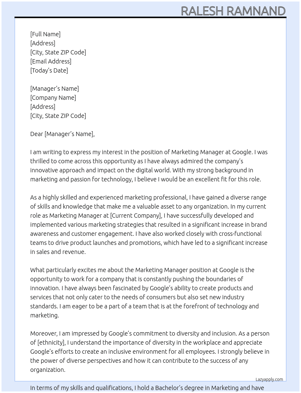 Marketing Manager At Google Cover Letter