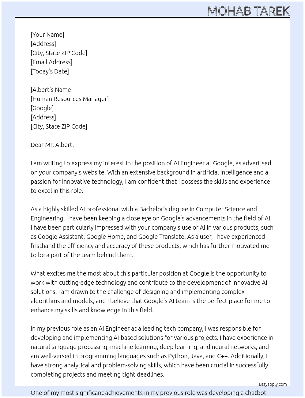 ai engineer At google Cover Letter