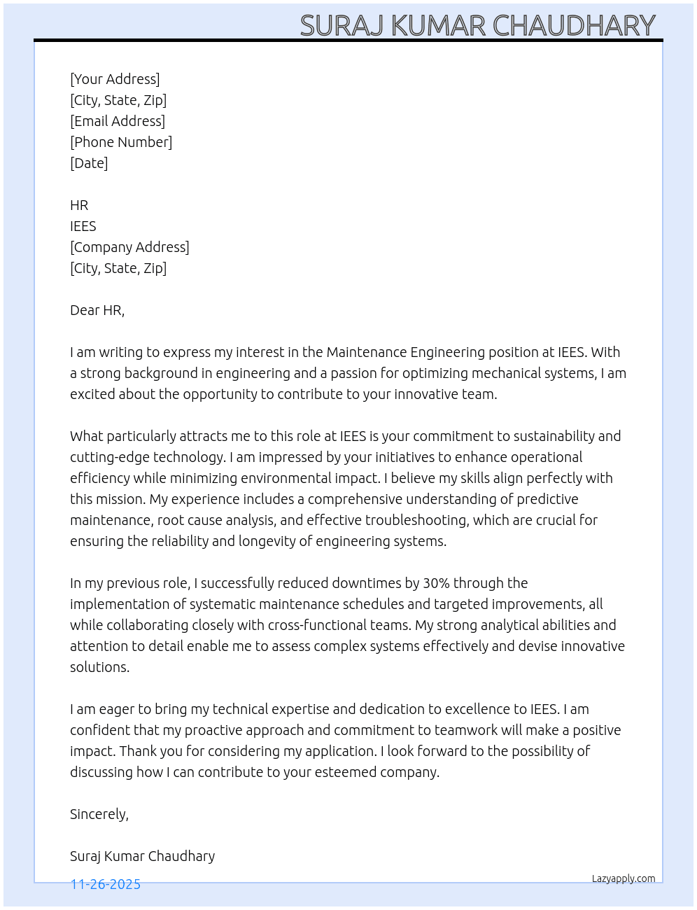Maintanence engineering  At IEES Cover Letter