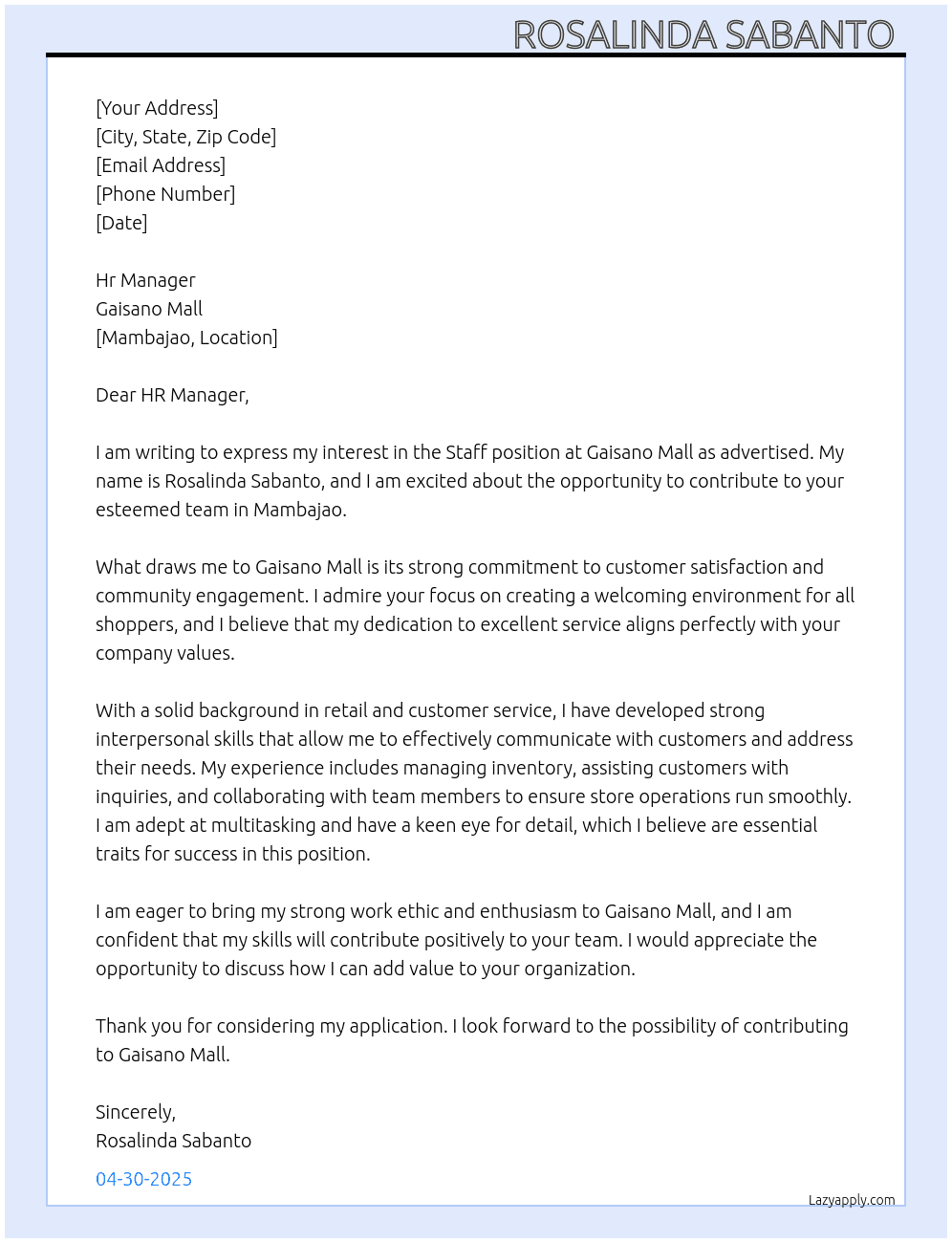 Staff  At Gaisano mall Cover Letter