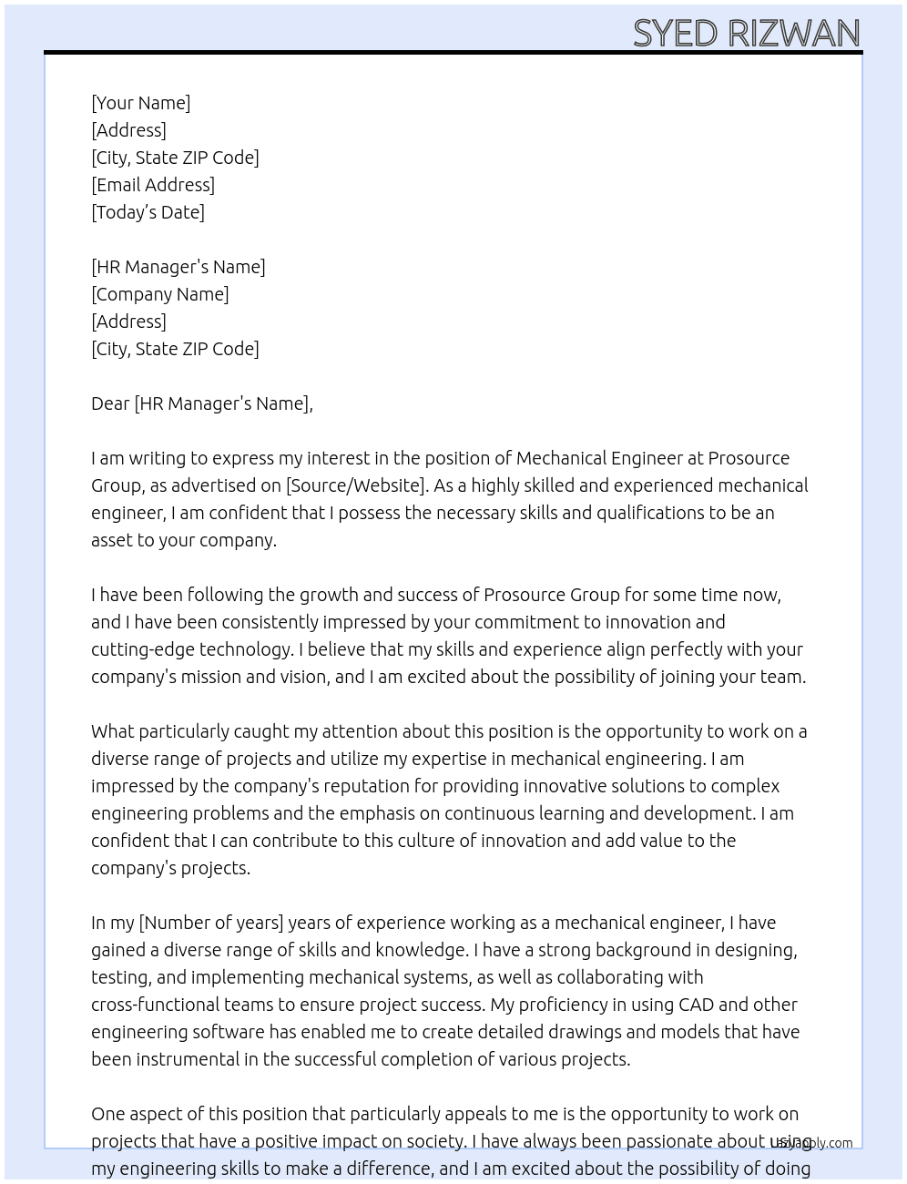 Mechanical Engineer At Prosource Group Cover Letter
