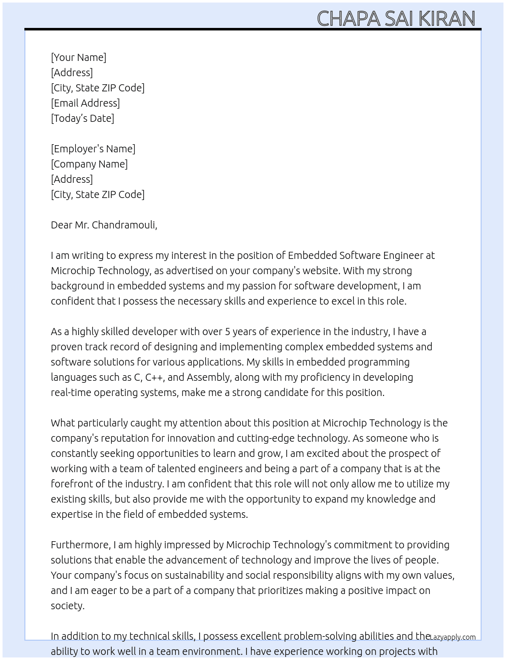Embedded software engineer  At Microchip technology  Cover Letter
