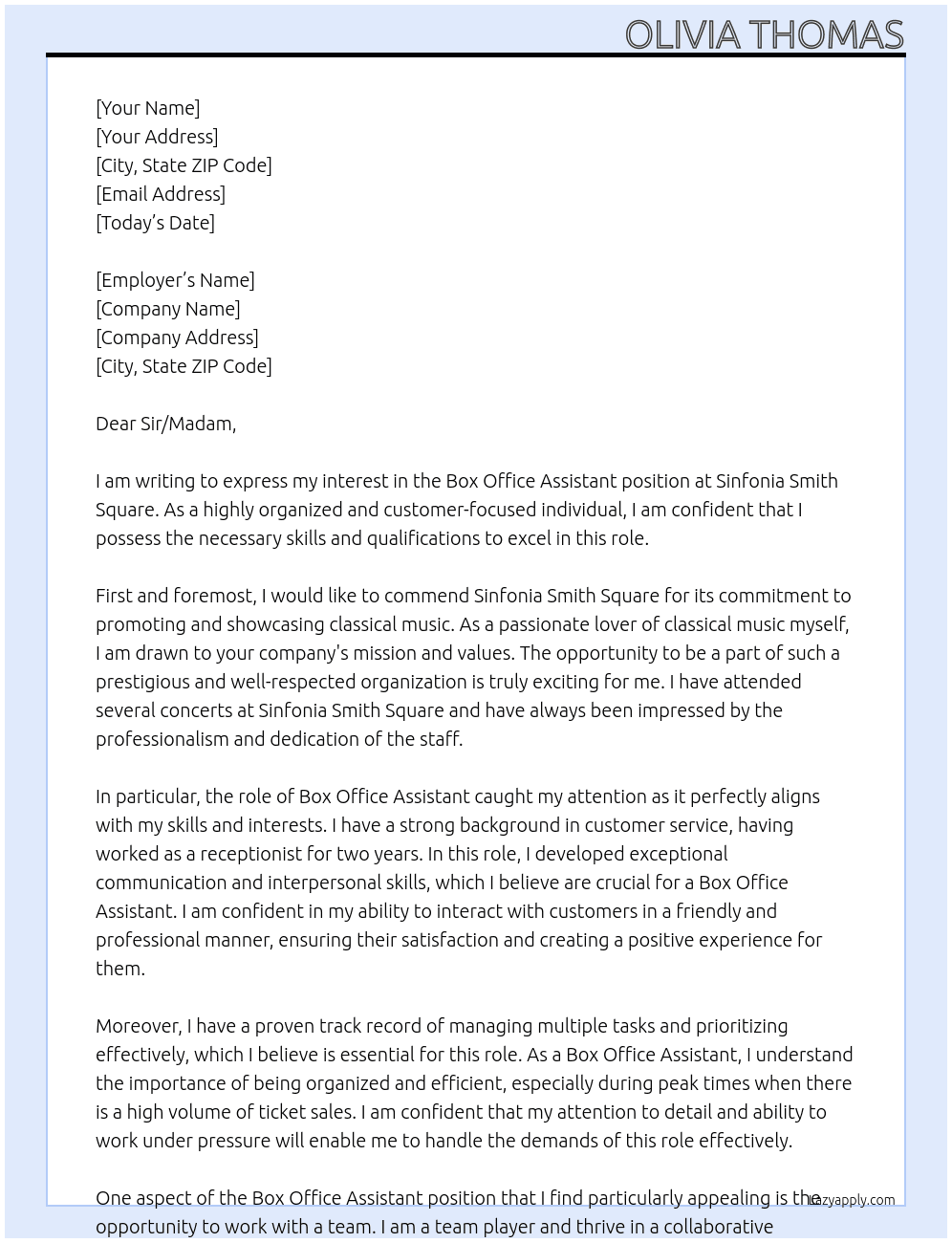 Box Office Assistant At Sinfonia Smith Square Cover Letter
