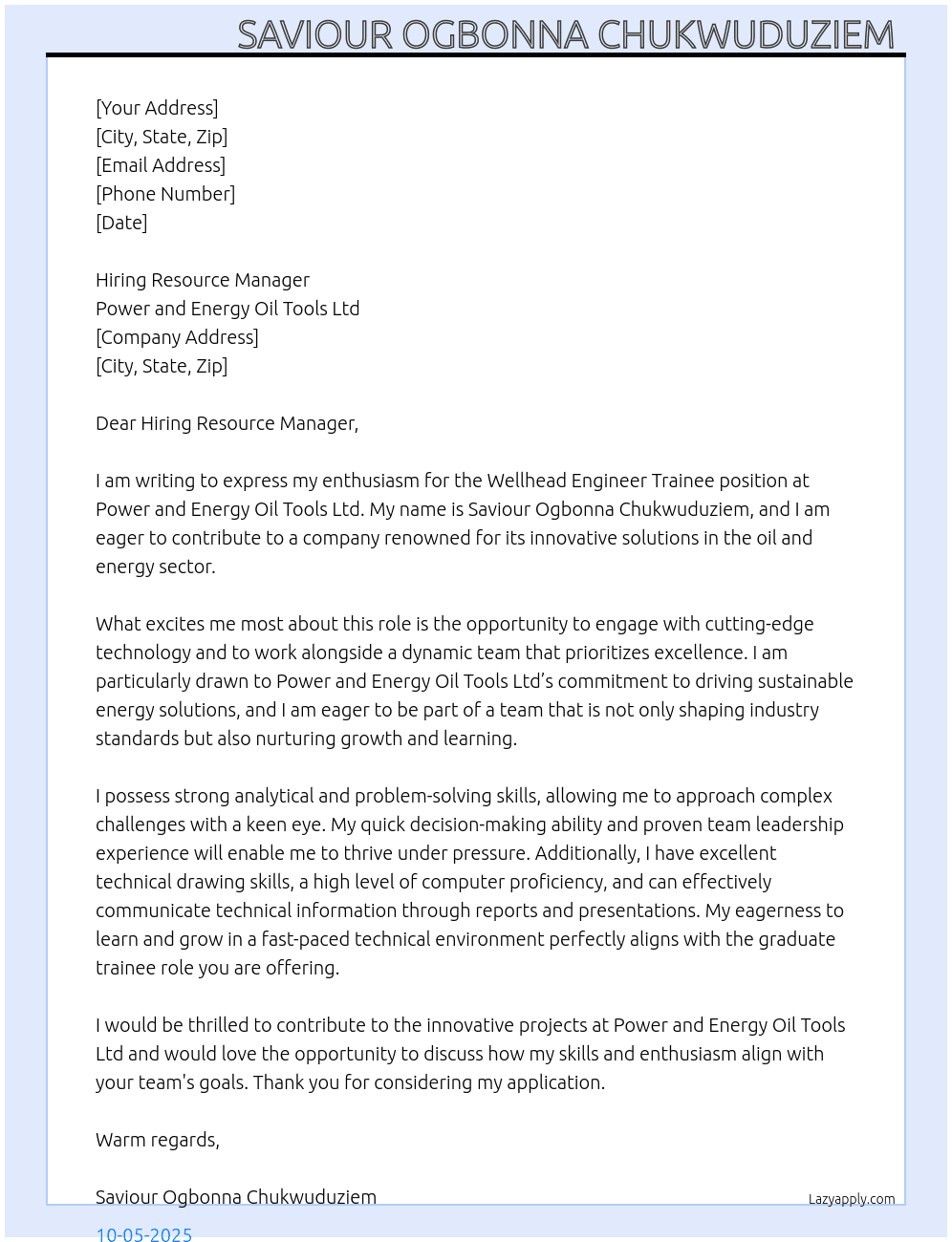 Wellhead Engineer trainee  At Power and energy oil Tools Ltd  Cover Letter
