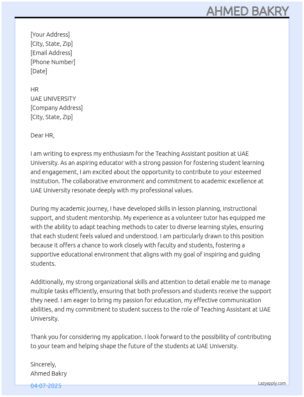 Teaching Assistant  At UAE UNIVERSITY Cover Letter