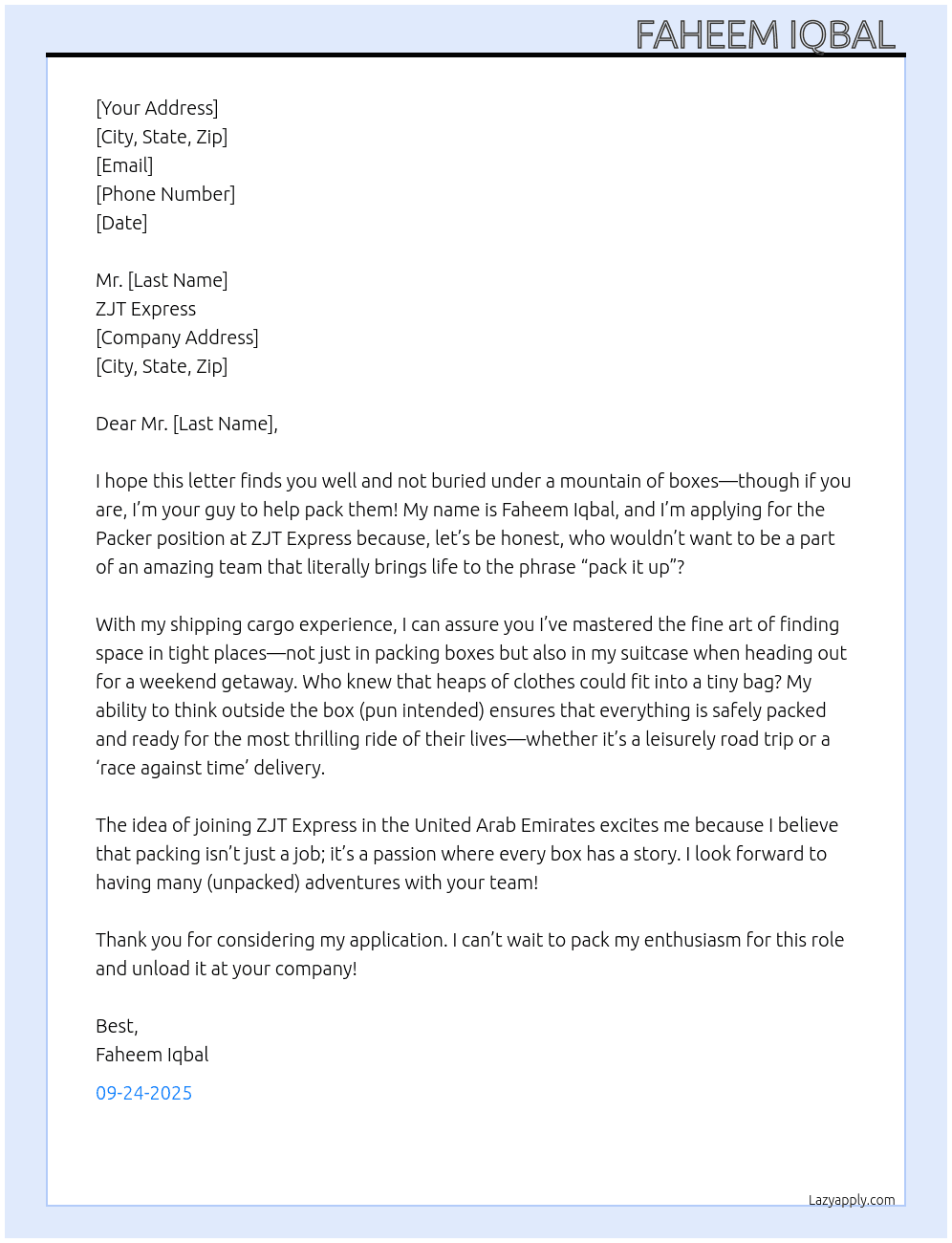 Packer  At Zjt express  Cover Letter