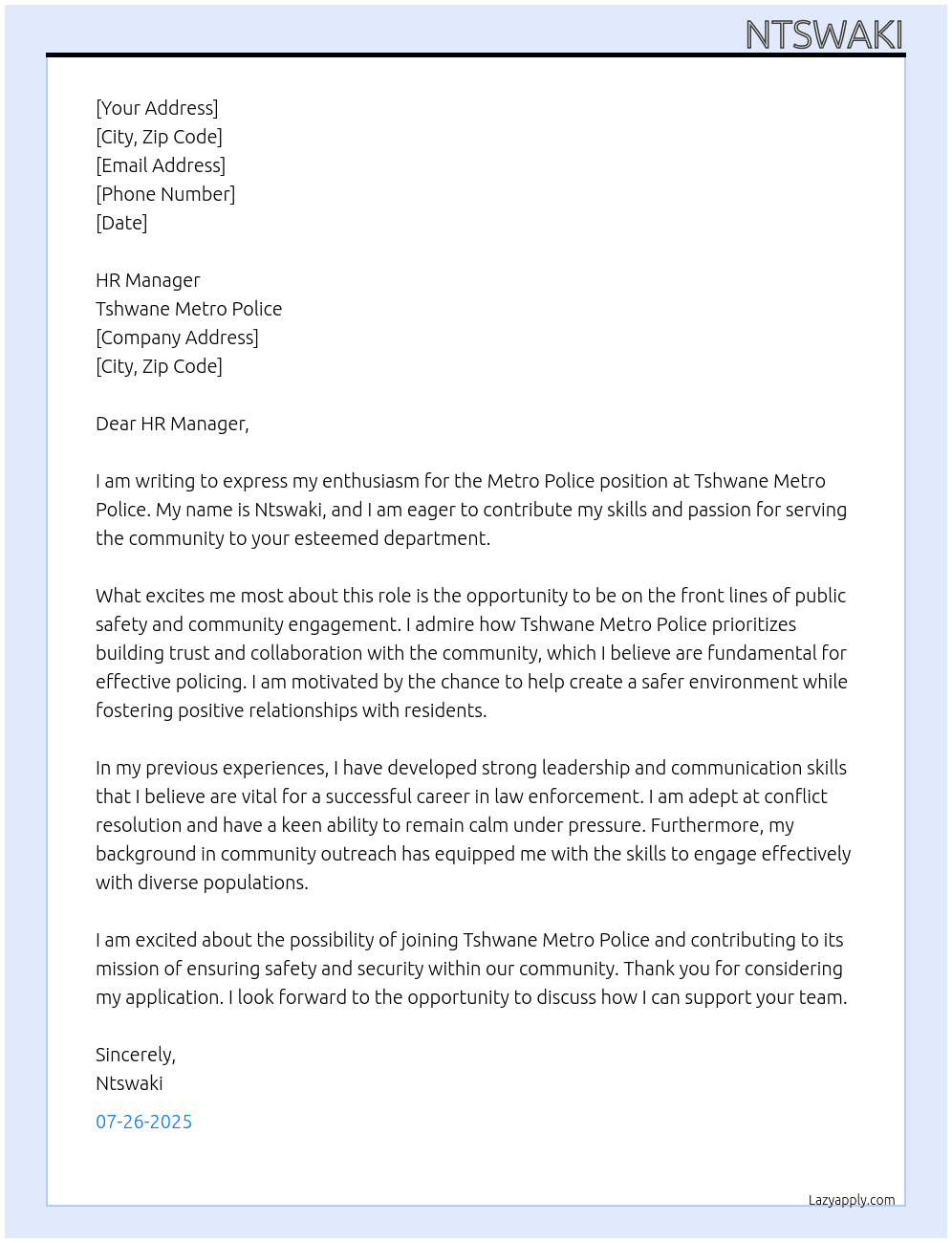 Metro police At Tshwane metro police Cover Letter