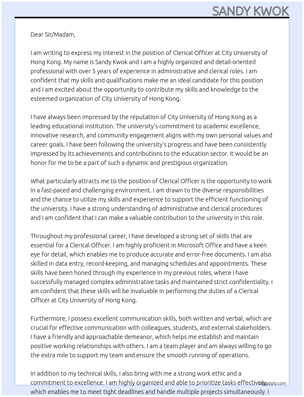 Clerical officer At City University of Hong Kong Cover Letter