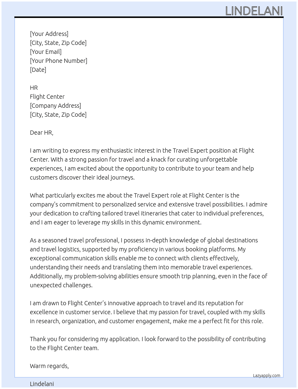 travel expert At Flight Center  Cover Letter