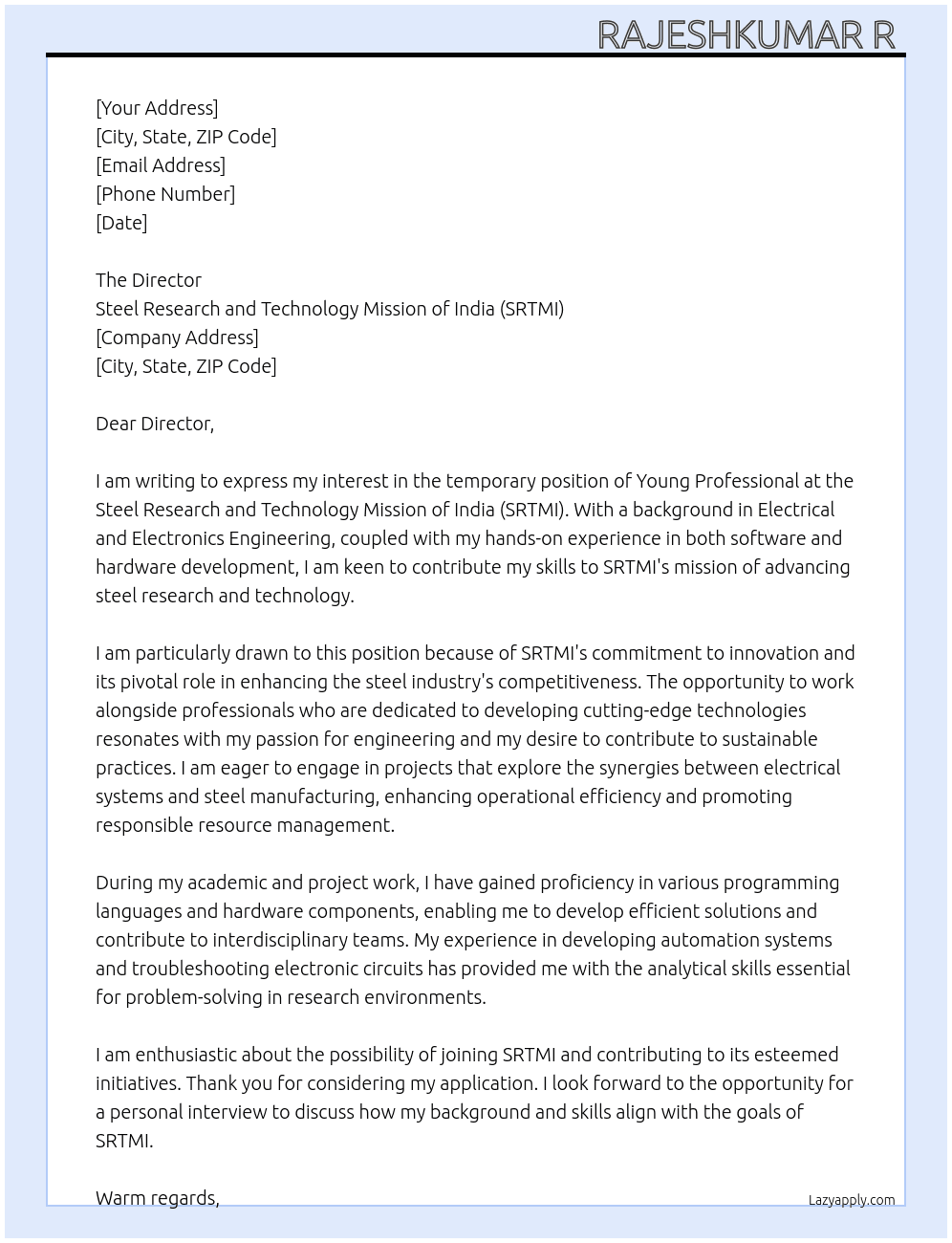 Cover letter for "application for the post of young professional” - LazyApply