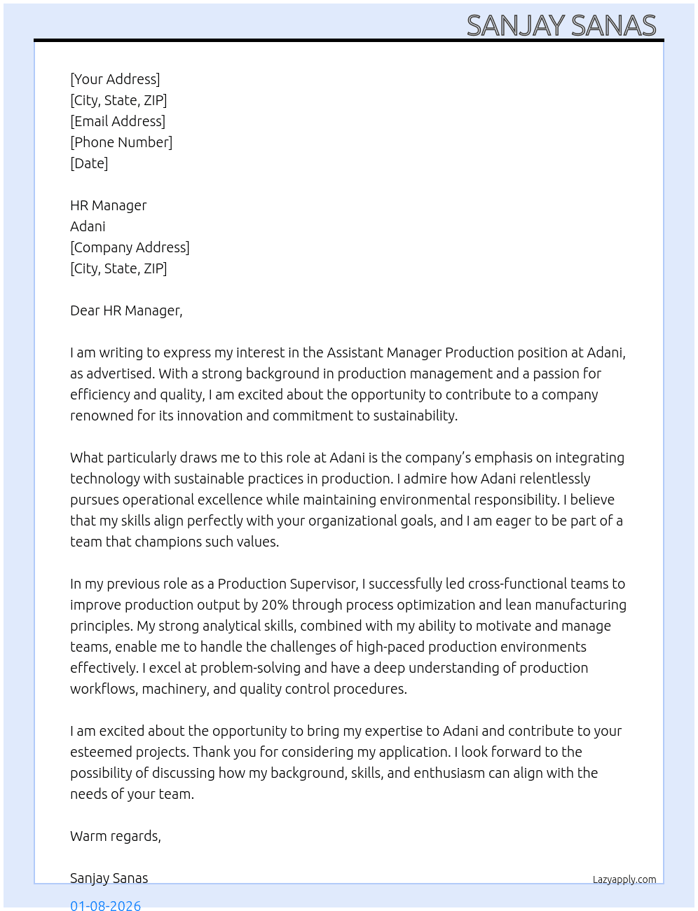 Assistant Manager Production  At Adani  Cover Letter