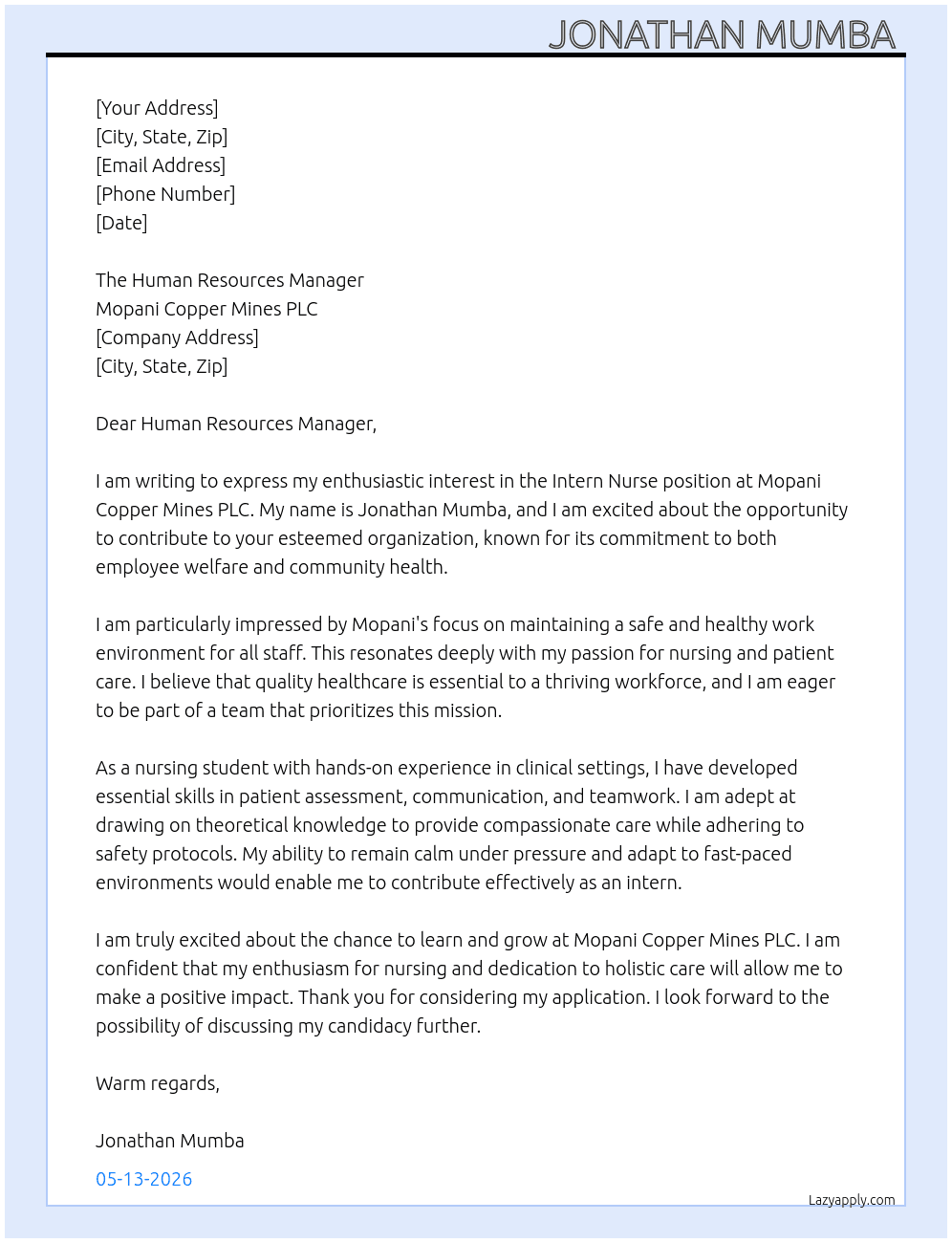 Intern nurse  At Mopani copper mines plc Cover Letter