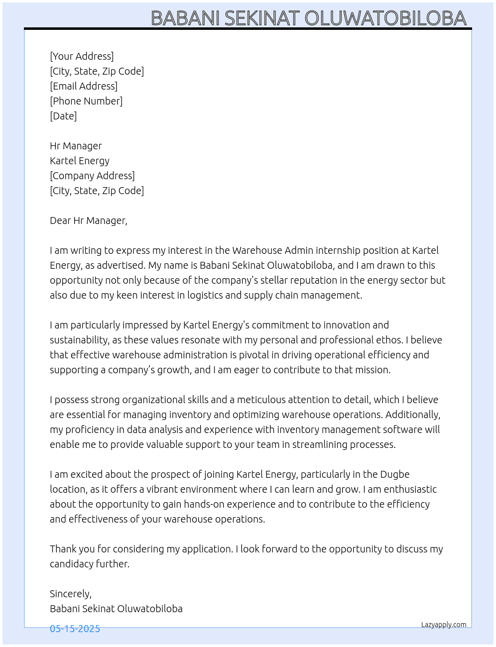 Cover letter for ware house admin - LazyApply