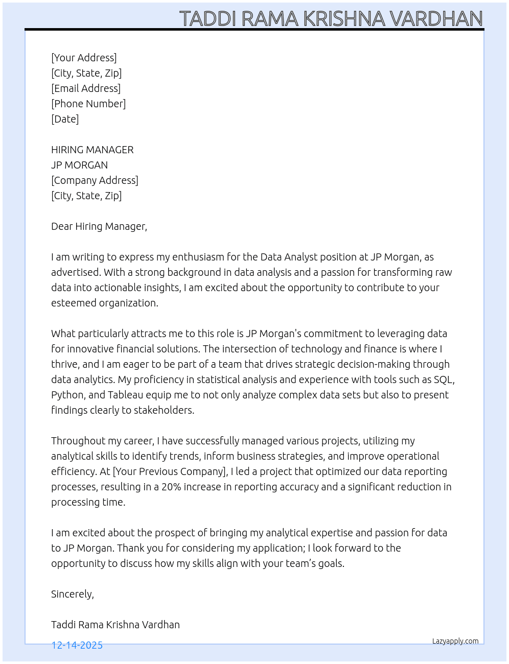DATA ANALYST At JP MORGAN Cover Letter