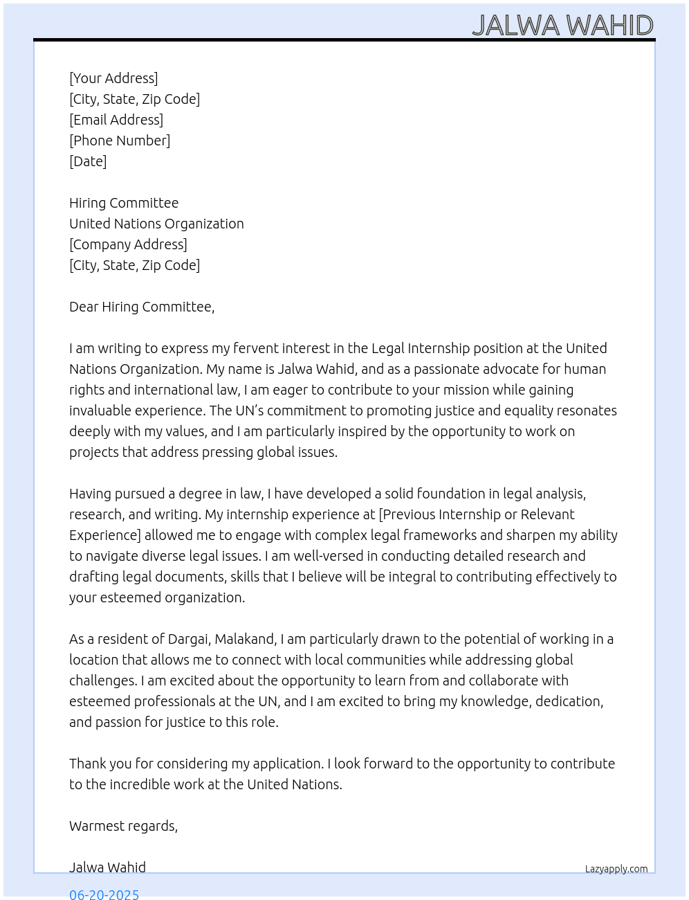 Legal internship  At United nation organization  Cover Letter