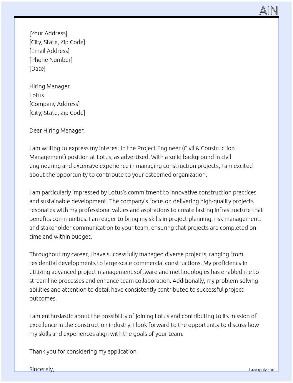 Project Engineer (Civil & Construction Management) At lotus  Cover Letter