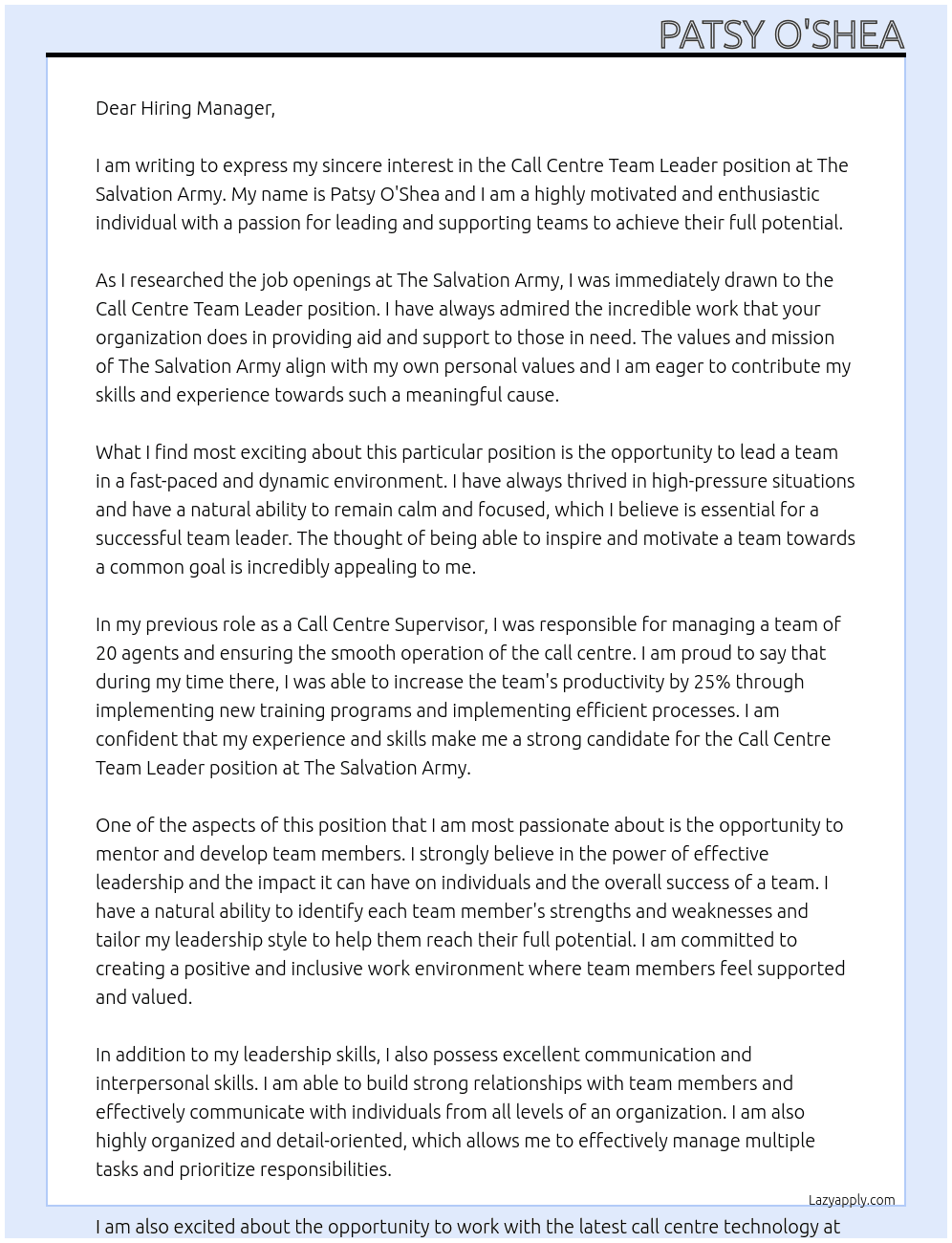 Call Centre Team Leader At The Salvation Army Cover Letter