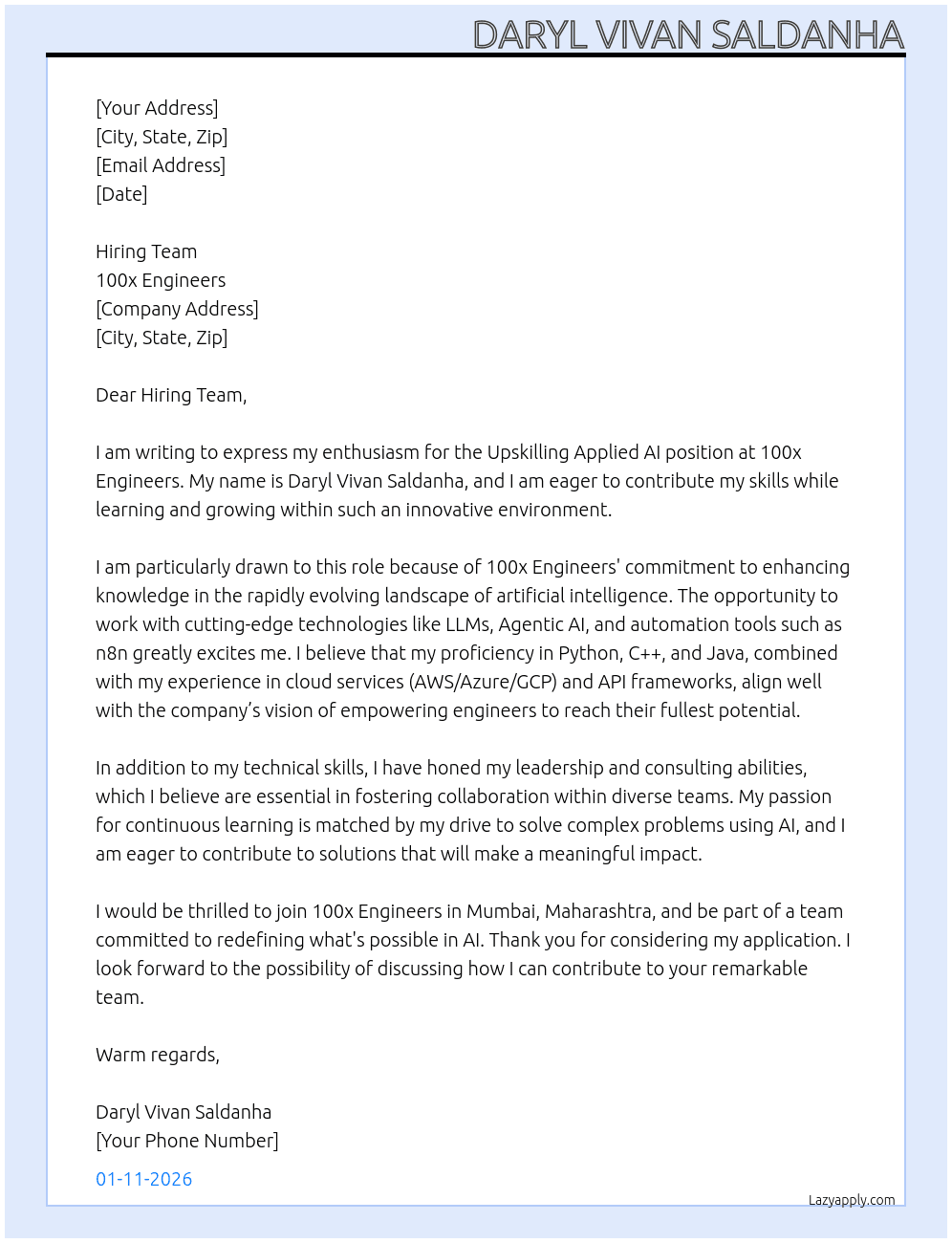 Upskilling Applied AI At 100x Engineers Cover Letter