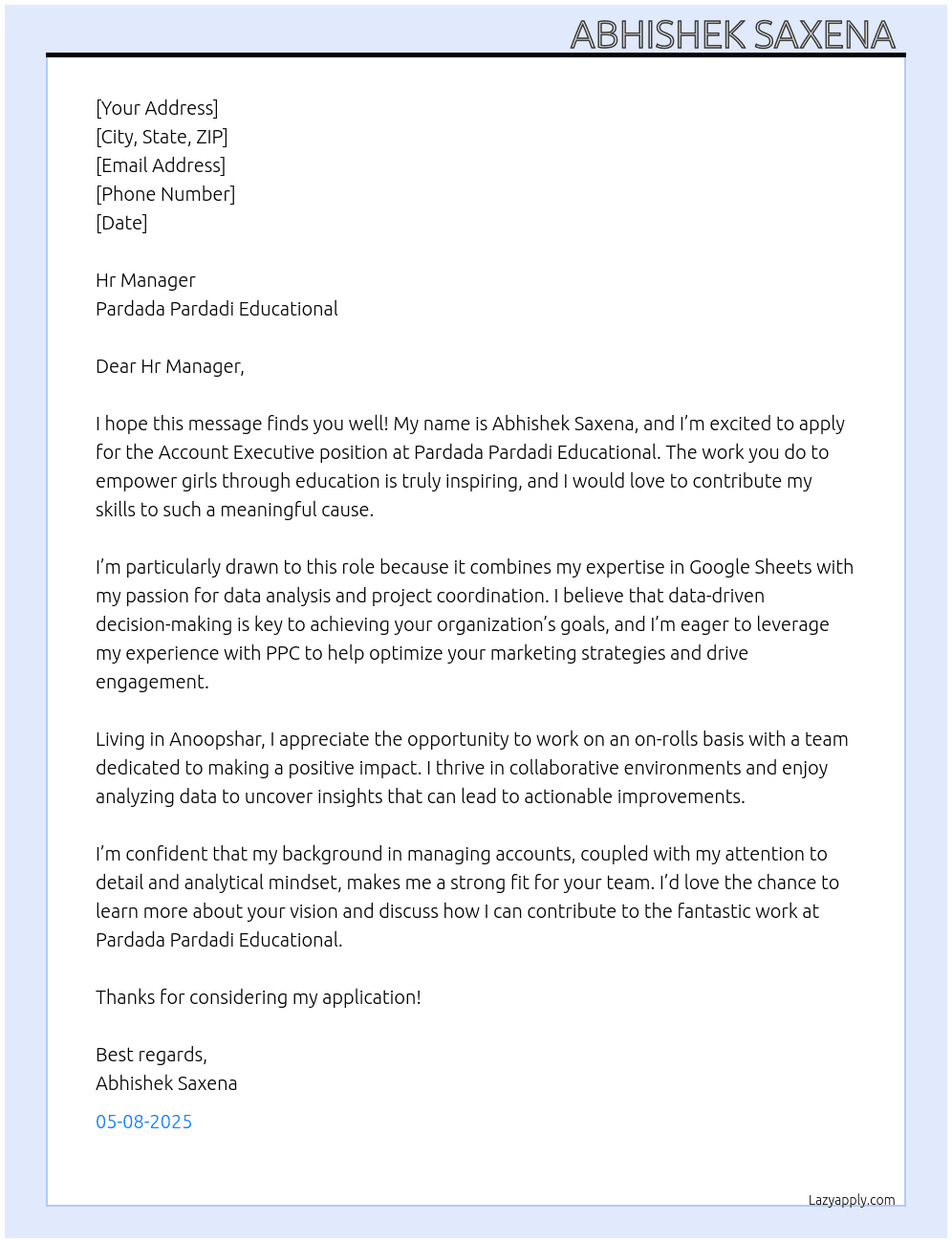 Account excutive  At Pardada pardadi educational  Cover Letter