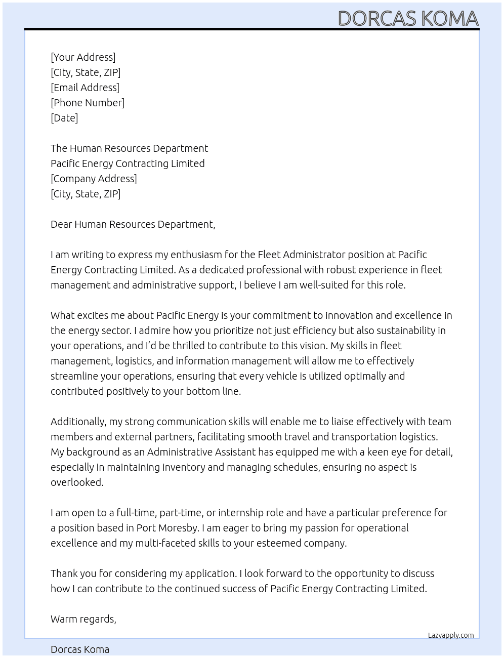Cover letter for fleet administrator - LazyApply