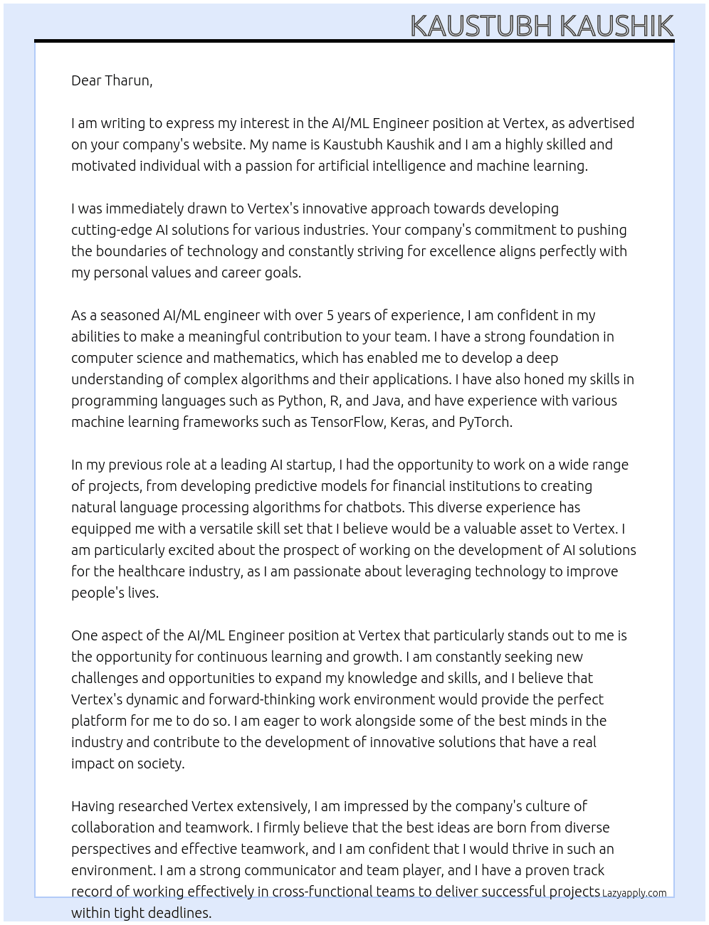 AI/ML Engineer At Vertex Cover Letter