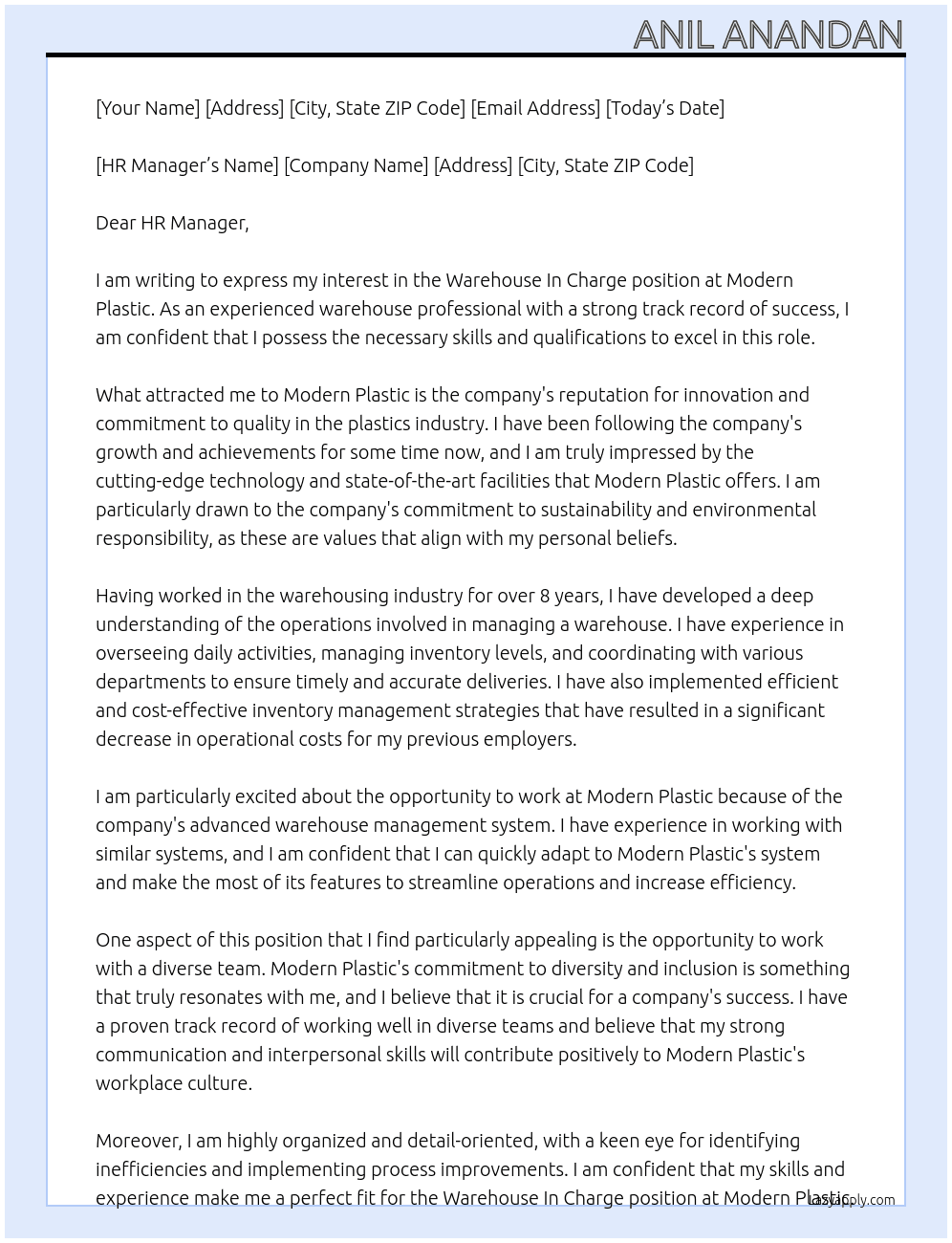 Warehouse In Charge At Modern Plastic Cover Letter