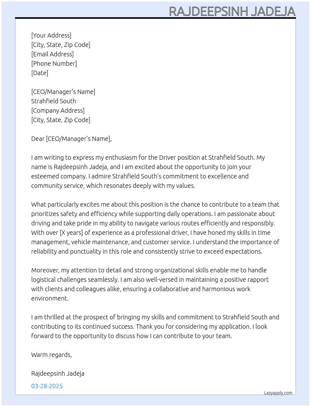 Driver  At Strahfield south Cover Letter
