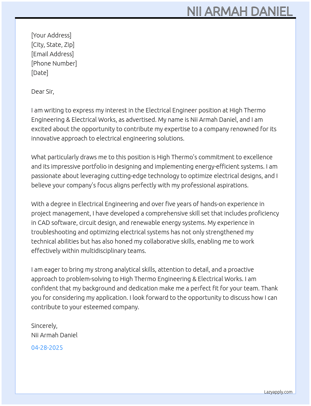 ELECTRICAL Engineer At HIGH THERMO ENGINEERING & ELCTRICAL WORKS Cover Letter