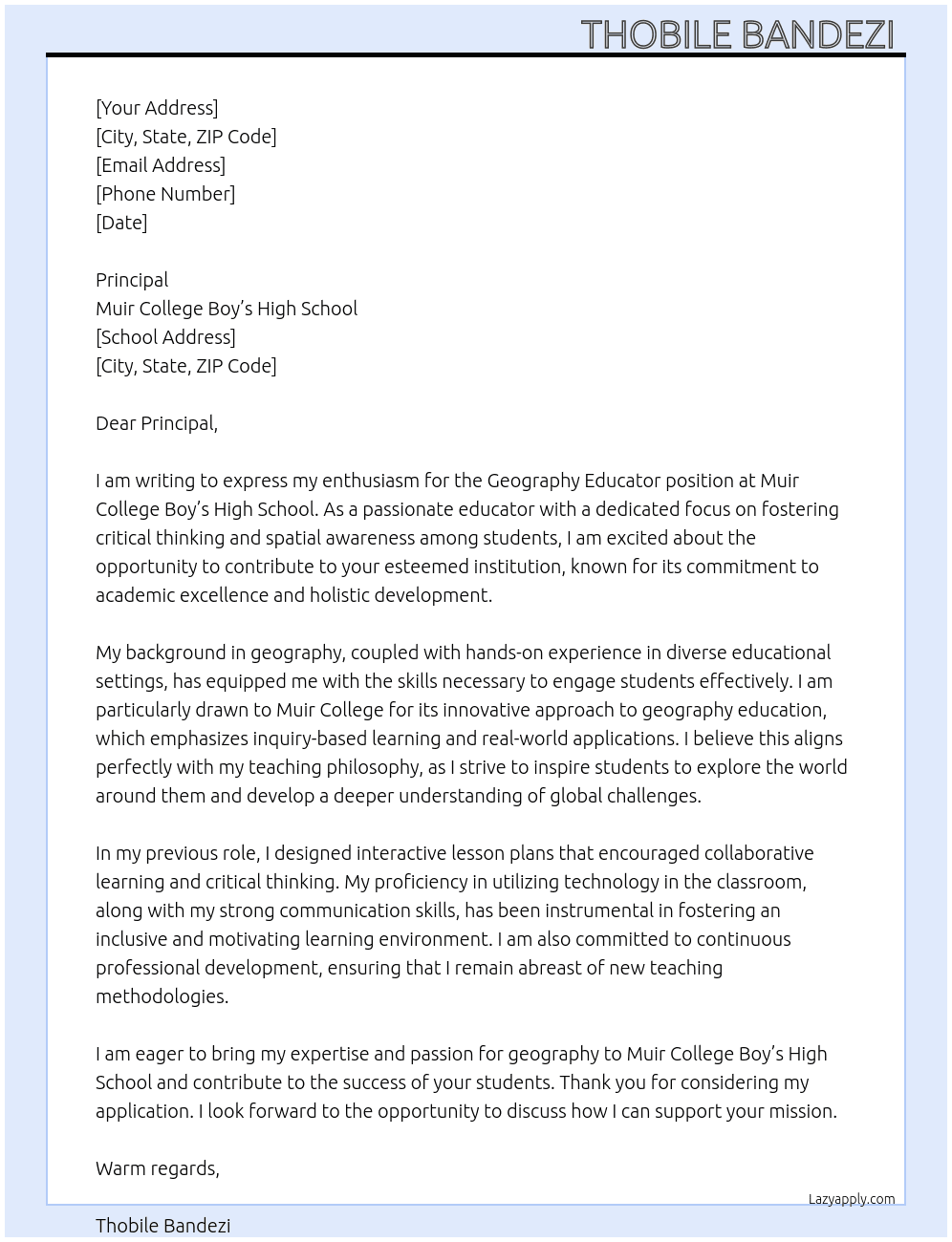Cover letter for geography educator - LazyApply