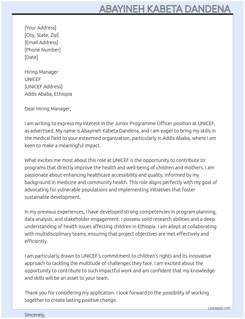 Cover letter for junior programme officer - LazyApply