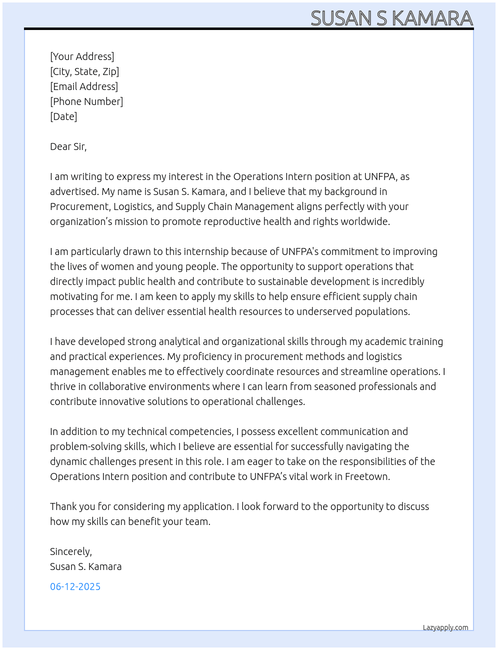 Operations Intern  At UNFPA Cover Letter
