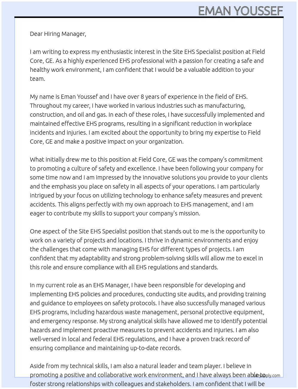 Cover letter for site ehs specialist - LazyApply