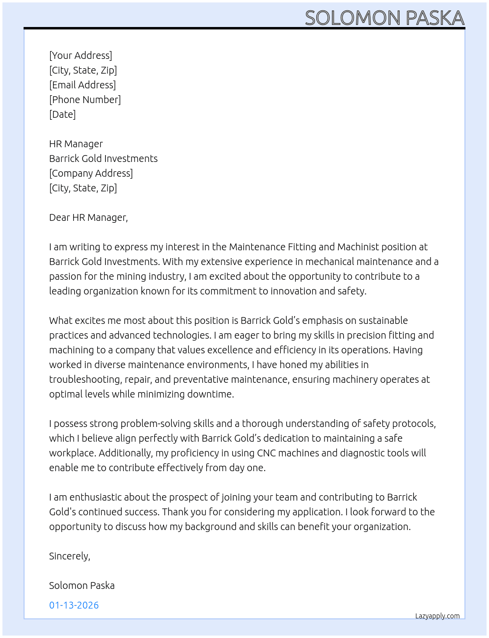 Maintenance Fitting and machinist  At Barrick Gold Investments Cover Letter