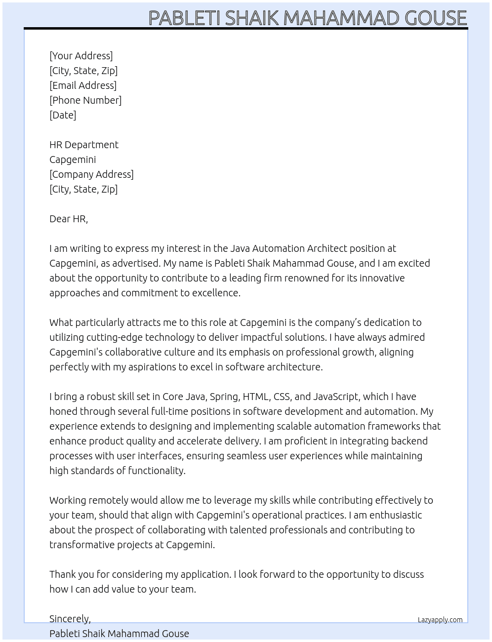 Cover letter for java automation architect - LazyApply