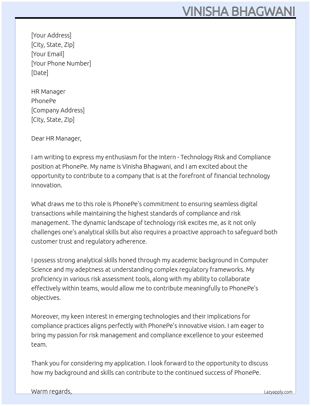 Intern-technology Risk and Compliance At PhonePe Cover Letter