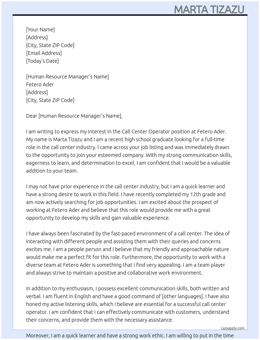 Call center operater  At Fetero ader  Cover Letter