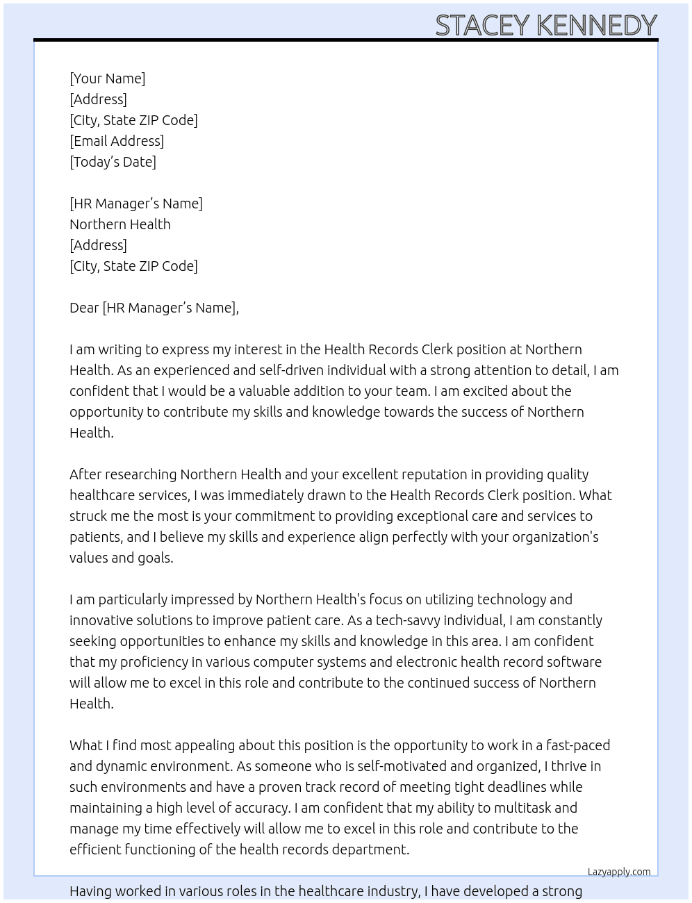 Health Records Clerk At Northern Health  Cover Letter
