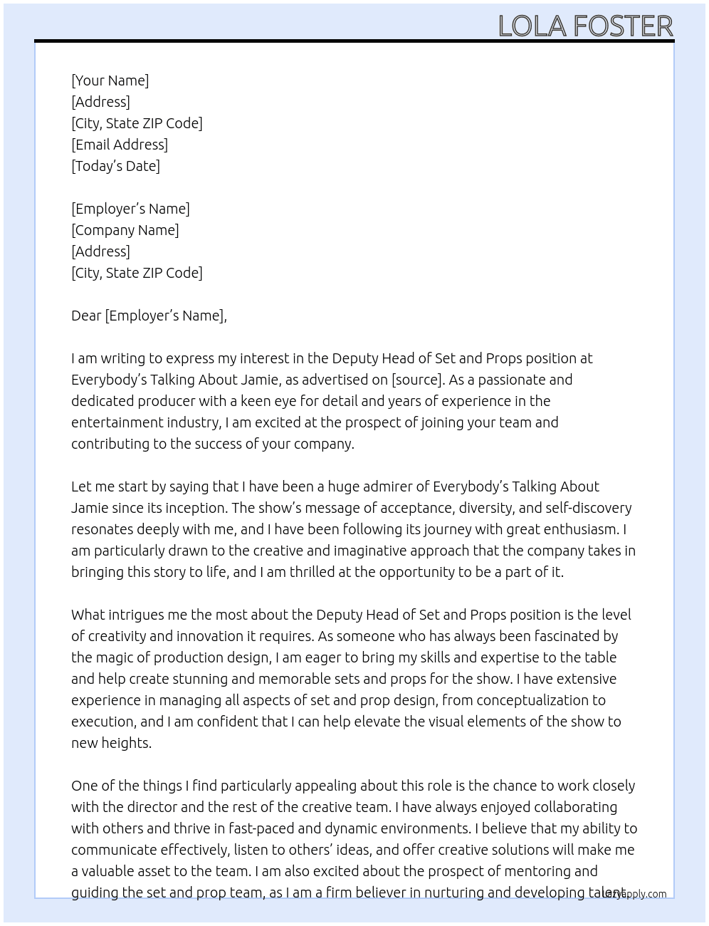 Cover letter for deputy head of set and props - LazyApply