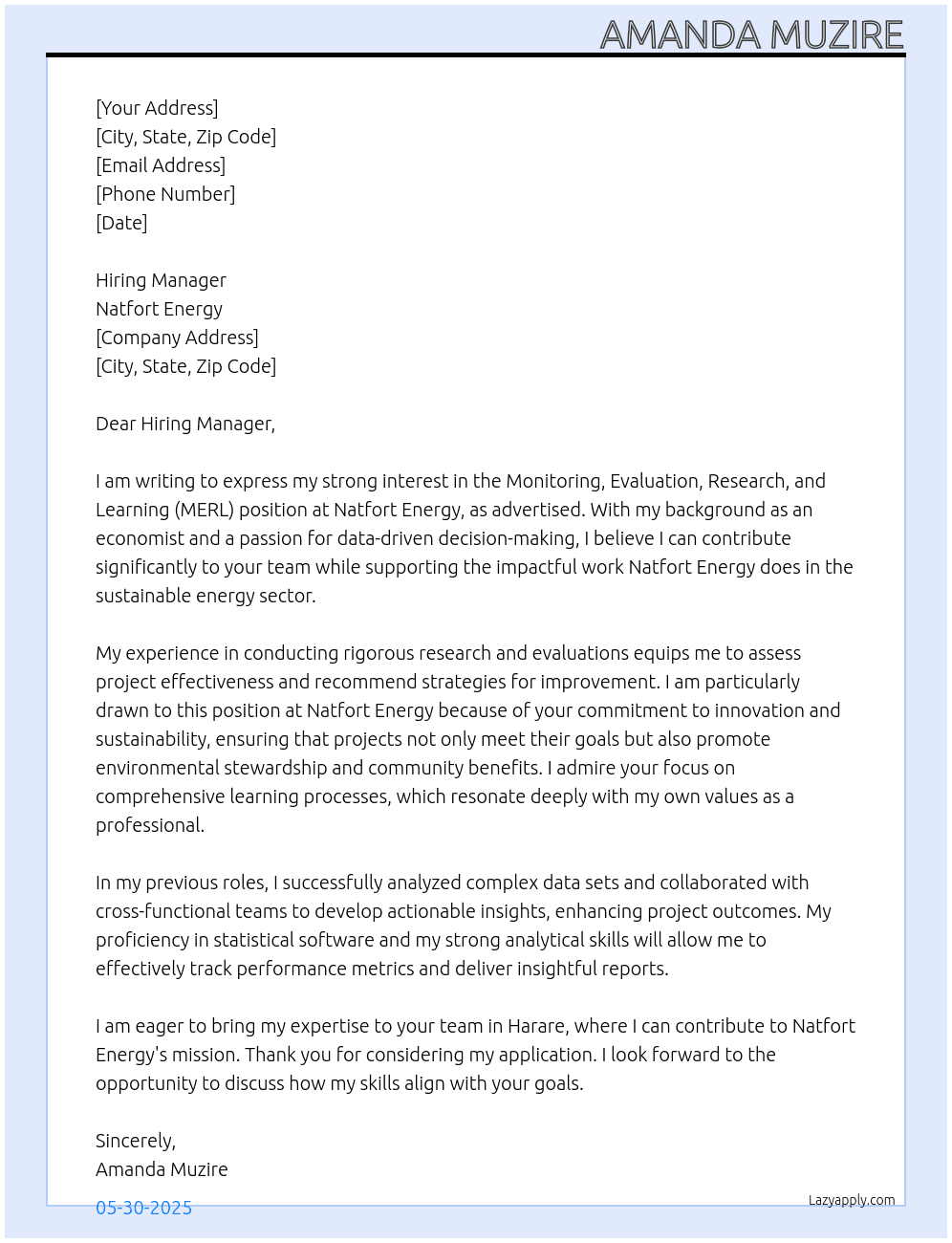 Cover letter for monitoring, evaluation, research and learning - LazyApply