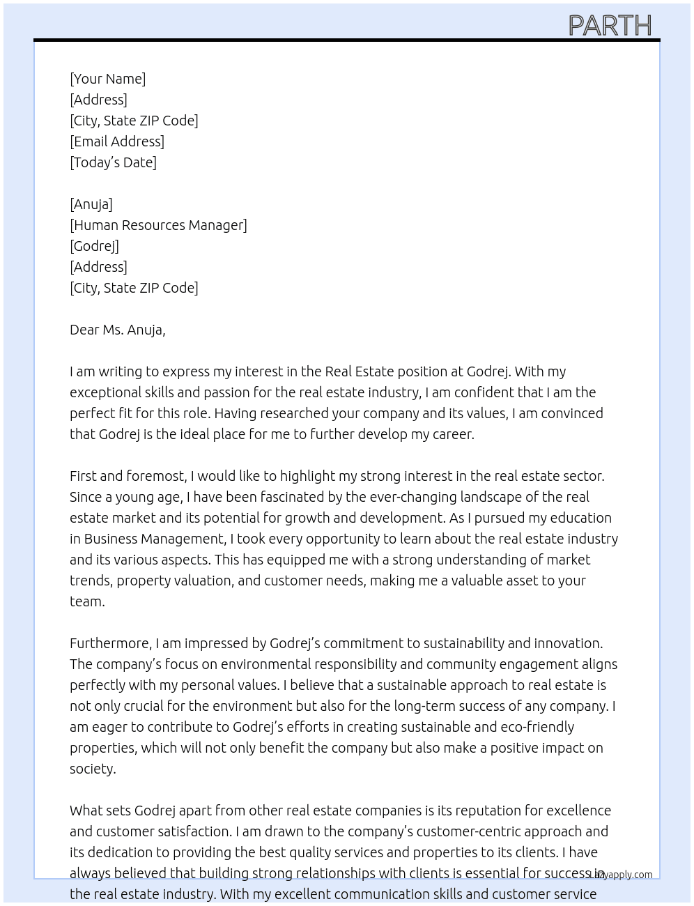 Real Estate  At Godrej  Cover Letter